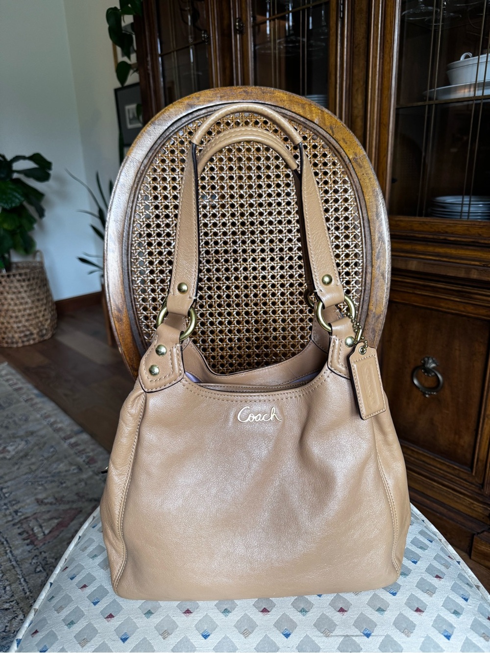 Coach Light Camel Leather Shoulder Hobo Bag with Gold Hardware